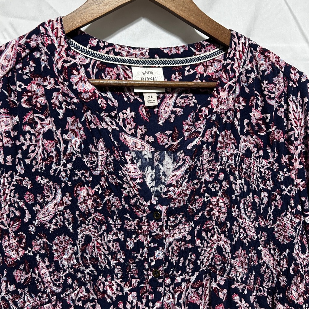 Knox Rose Women Babydoll Peasant Top XL Navy Pink Paisley Smocked Button Front - Picture 6 of 9
